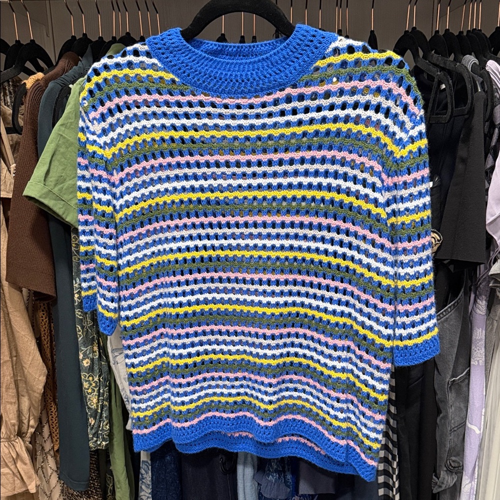Amazon Blue Multi-Stripe Open-Knit Scoop Neck Sweater